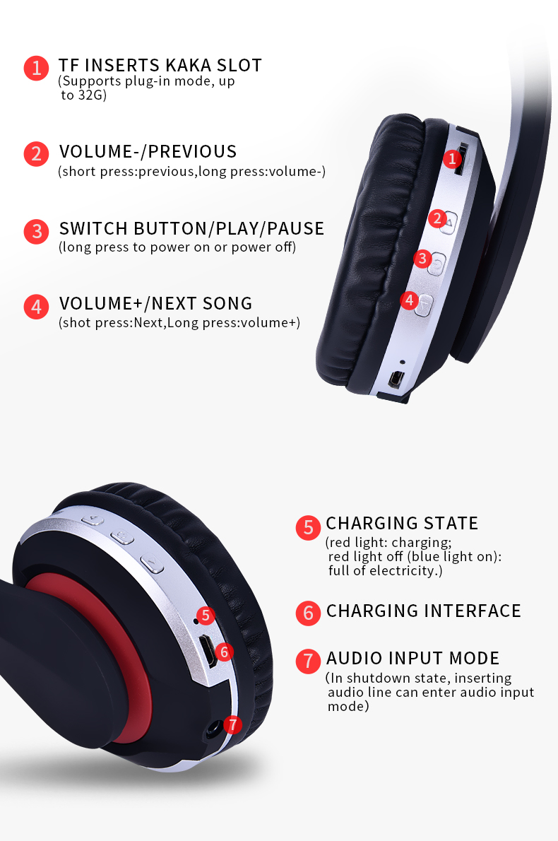 MH7 Wireless Headphones Bluetooth Headset Foldable Stereo Gaming Earphones With Microphone Support TF Card For IPad Mobile Phone