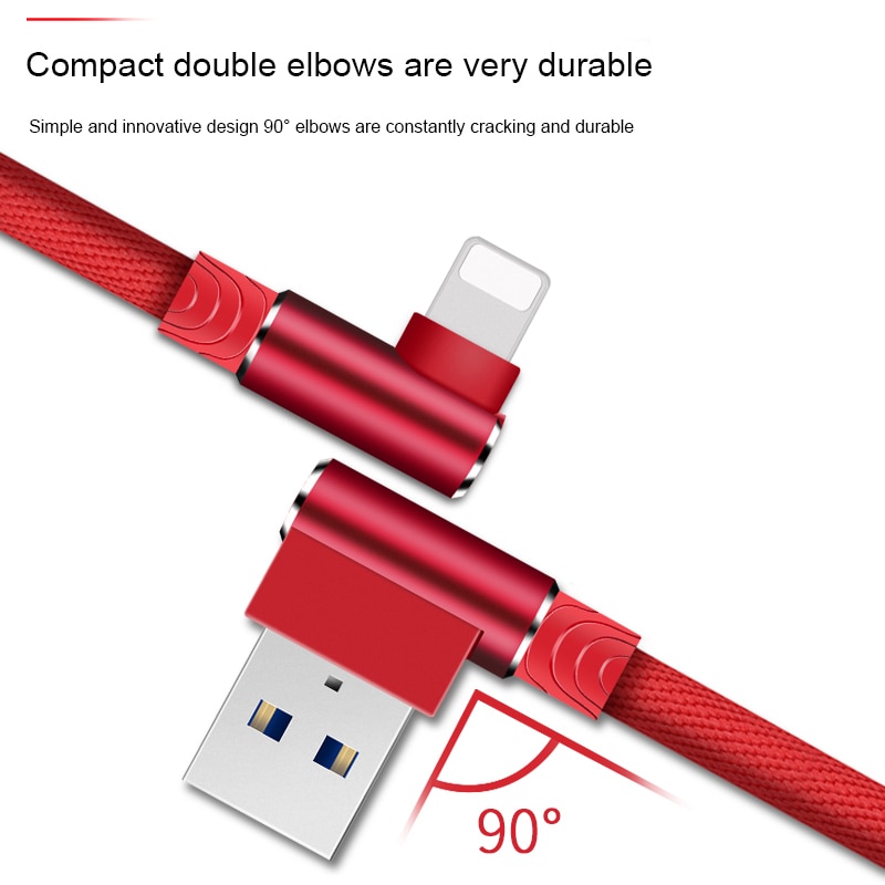 90 Degree USB Charger Data Cable For iPhone 6 S 6S 7 8 Plus 5 5S X XR XS Max On iPad Phone Cord Origin Long 1M 2M 3M Fast Charge