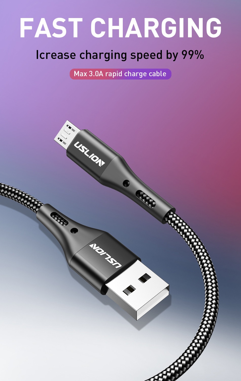 USLION 2m 3m Micro USB Cable 3A Fast Charging Data Cable for Xiaomi Redmi 4X Samsung J7 Android Mobile Phone Microusb Charger